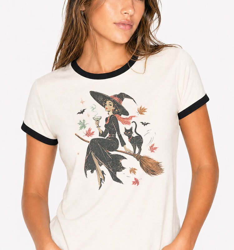 Retro Flying Witch Ringer Tee